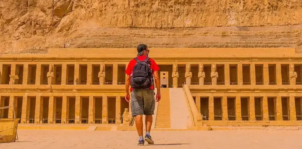 5 Days Cairo & Luxor Private Tour Package A-picture-of-a-visitor-entering-the-Temple-of-Hatshepsut