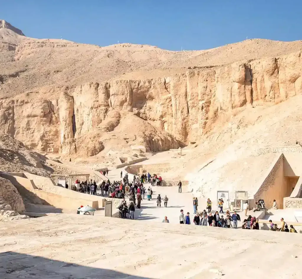 8-Day All-Inclusive Cairo & Nile Cruise Tour A-wonderful-shot-of-a-group-of-tourists-in-front-of-the-Valley-of-the-Kings-in-Luxor