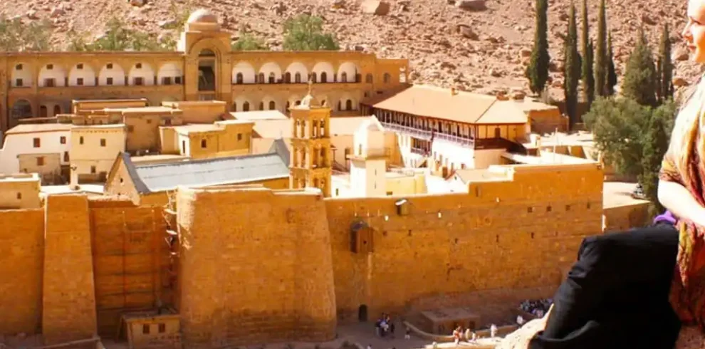 2Days Aswan and Abu Simbel From A-wonderful-picture-of-a-tourist-in-front-of-St.-Catherines-Monastery