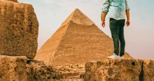 Sunrise view of the Pyramids of Giza during winter in Egypt