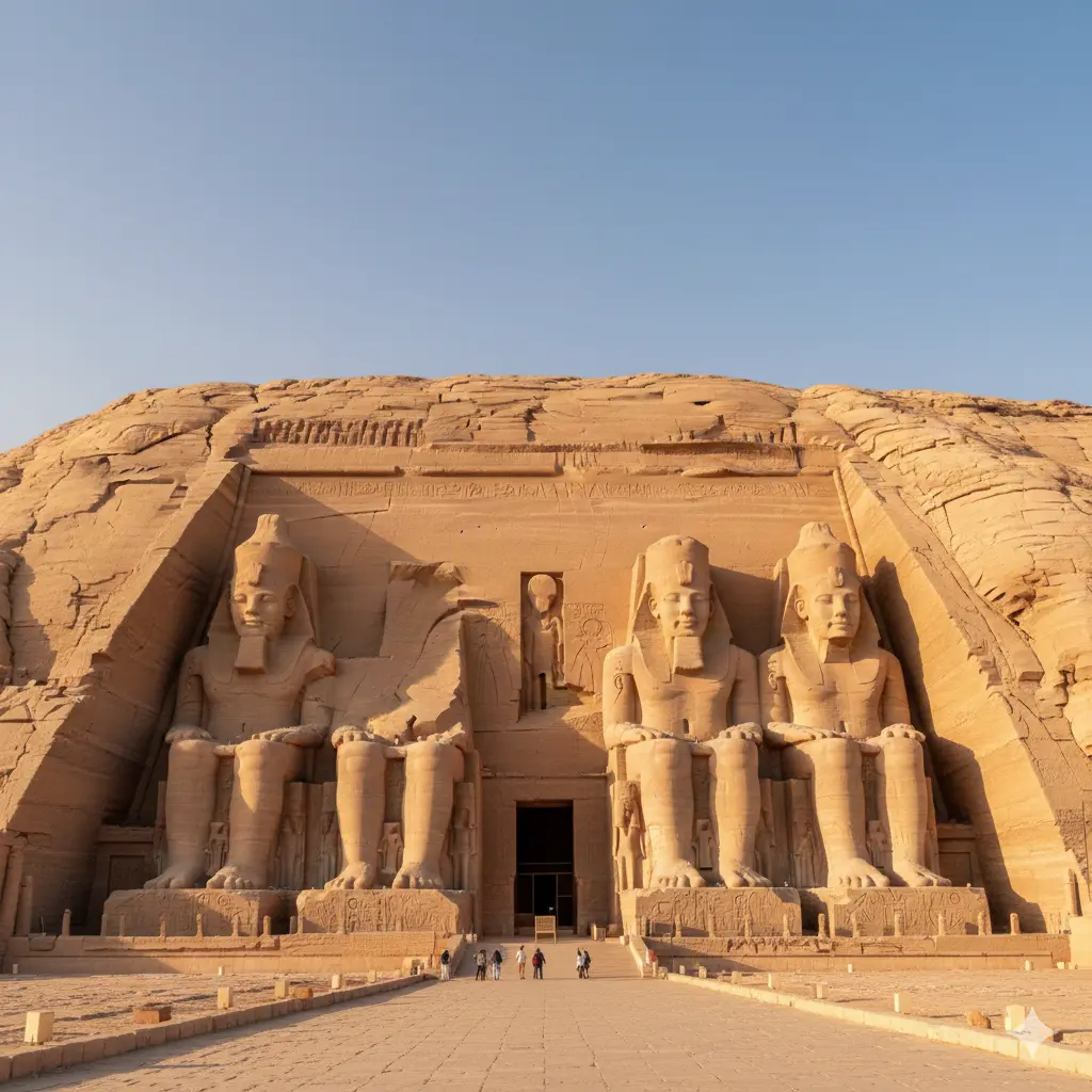 Abu Simbel Great Temple façade at sunrise, with four colossal seated statues of Ramses II in warm golden light.