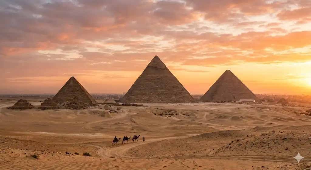 Top 10 Famous Landmarks in Egypt The three Pyramids of Giza at sunrise viewed from the desert plateau near Cairo