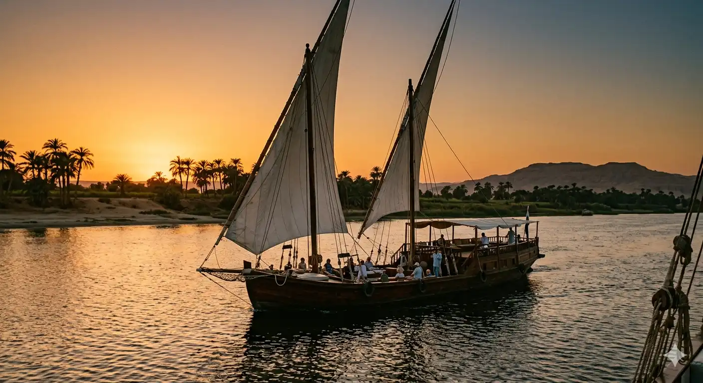 Traditional dahabiya sailing boat on the Nile River in Egypt at sunset