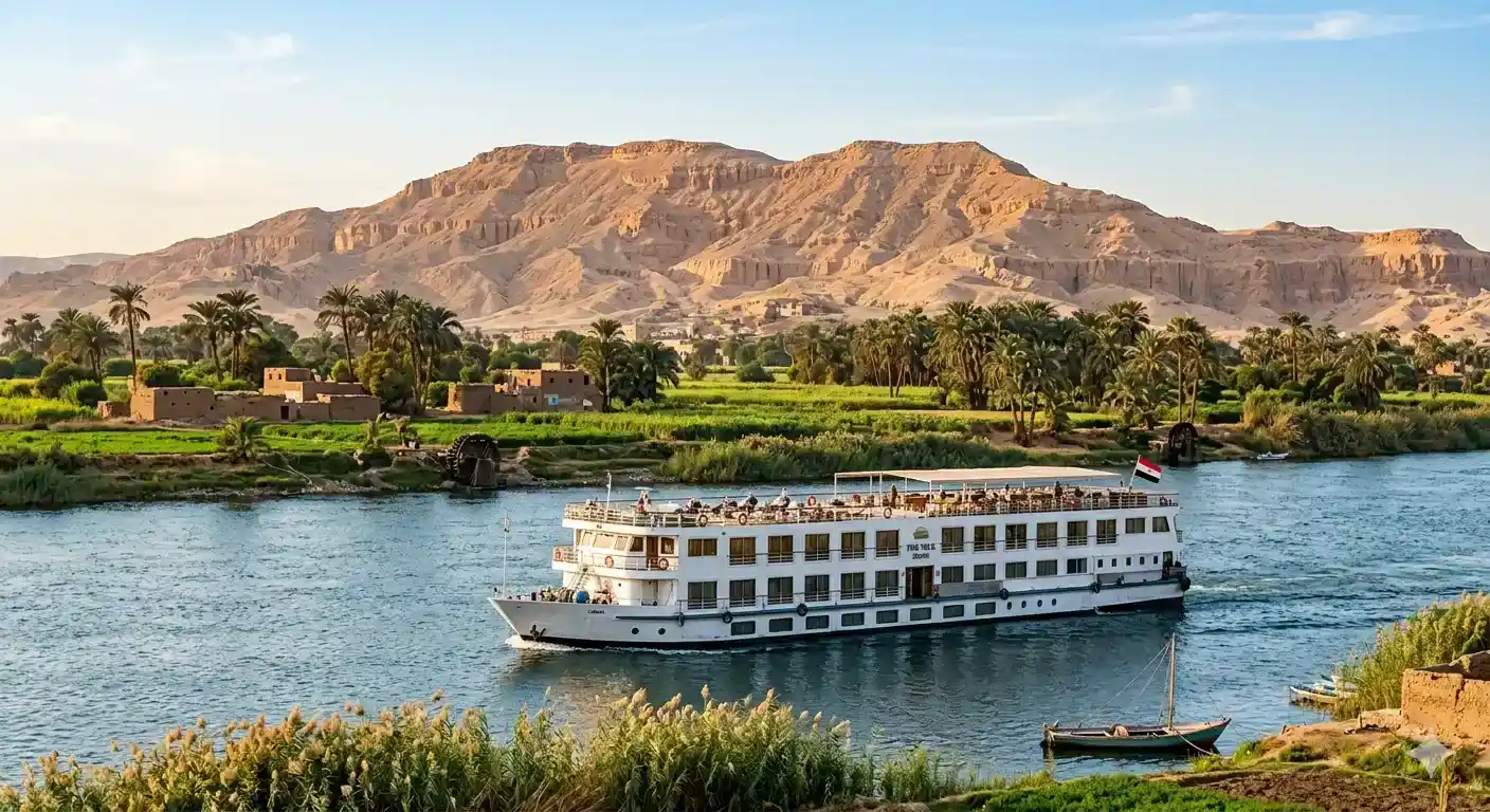 Nile River cruise ship passing green banks during the best season October to April