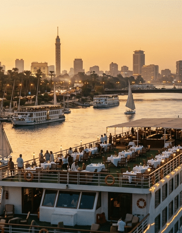 A high-angle photograph shows a multi-story cruise ship, glowing with warm lights and filled with passengers dining at tables, sailing on the Nile in Cairo during a golden sunset. In the background is the Cairo skyline with the Cairo Tower, modern buildings with lights, and a bridge. Several traditional feluccas with white sails are on the river, and palm trees line the banks. The water reflects the warm orange sky.