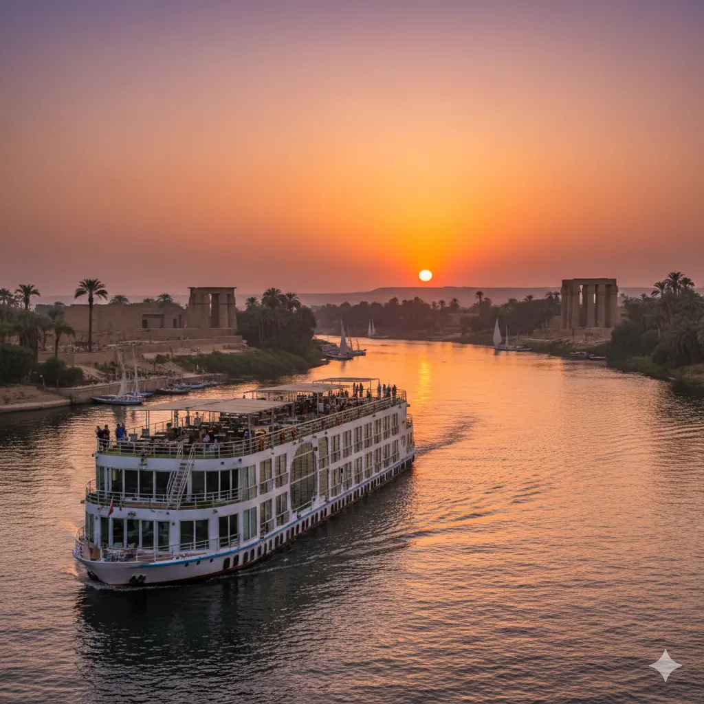Sonesta Sun Goddess Nile Cruise 2026: All-Suite Luxury from $1,060 Nile cruise ship on the river near sunset 2