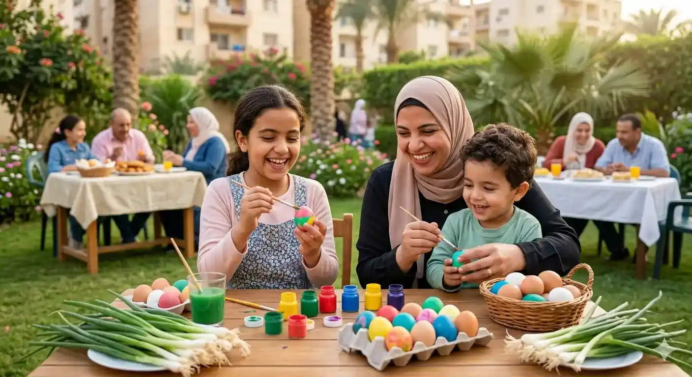 Children decorating colorful eggs during Sham El Nessim celebration in Egypt