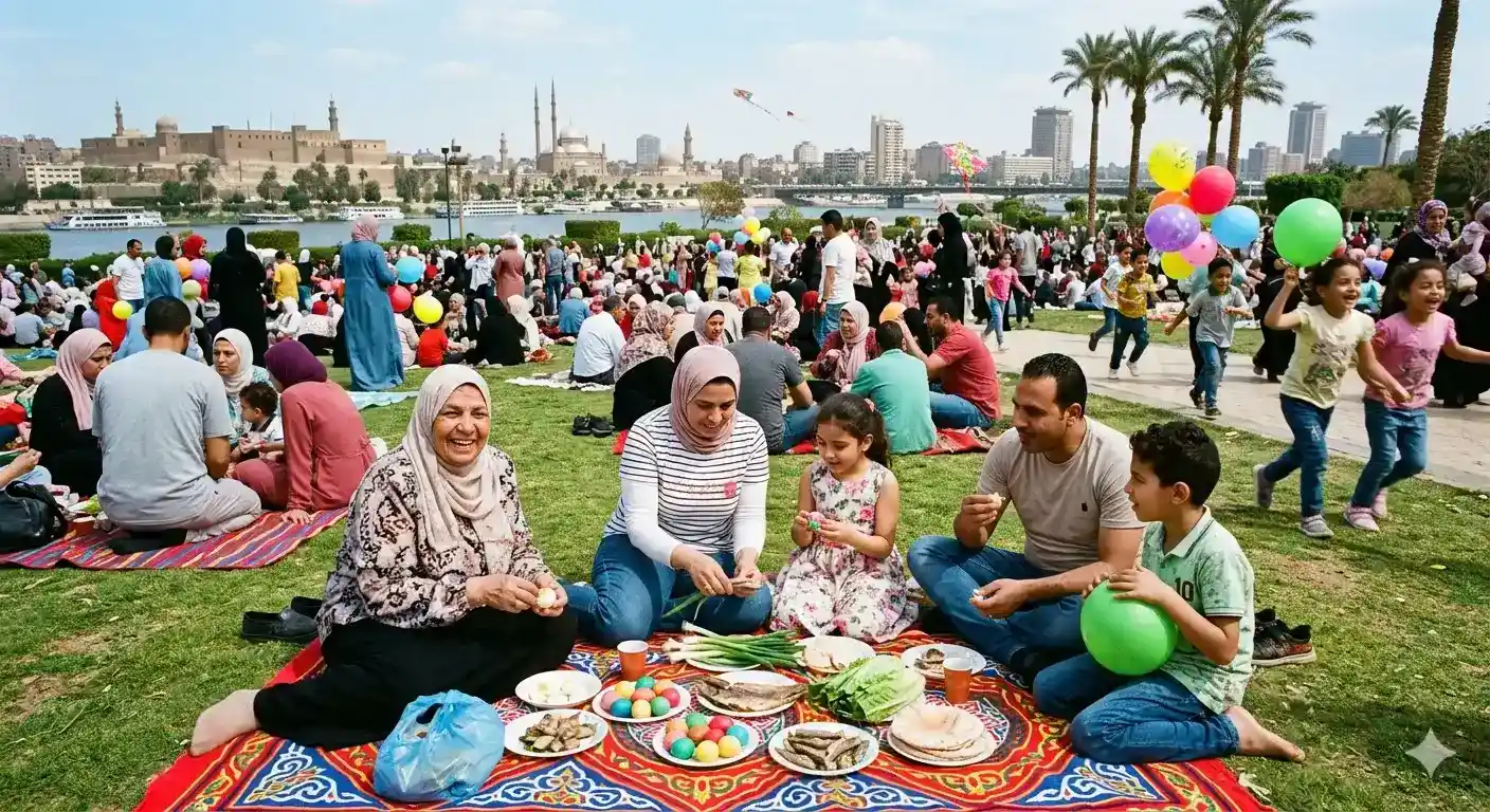 Egyptian families celebrating Sham El Nessim with outdoor picnics in a Cairo park Egypt Sham El Nessim 2026: Complete Travel Guide