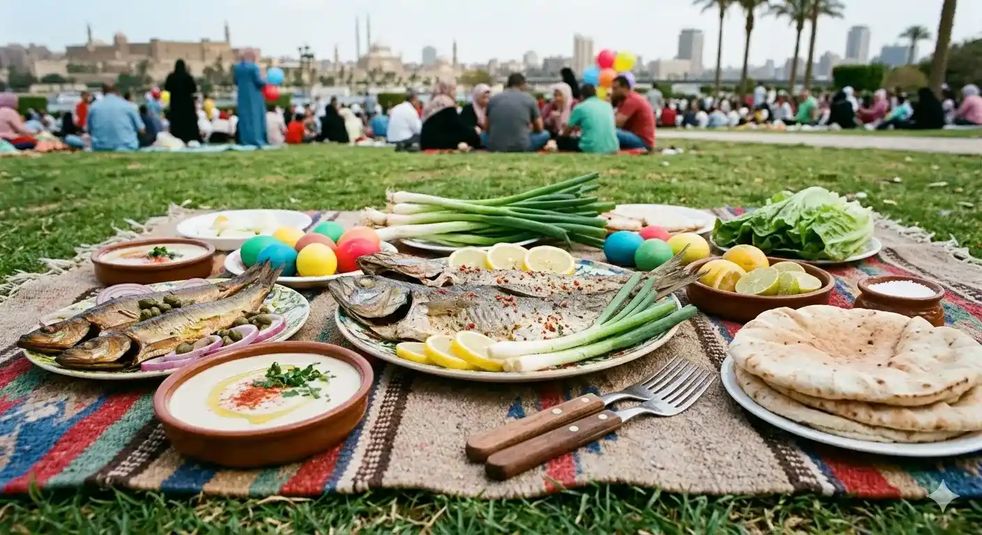 Traditional Sham El Nessim food including fesikh fish, renga, and green onions